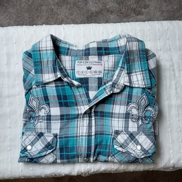 Pop Icon turquoise and white plaid cotton shirt - Picture 2 of 10
